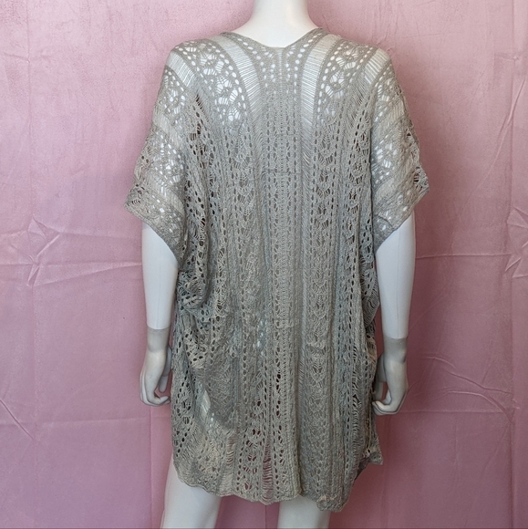 Light Gray Crochet Knit Drawstring Sides V Neck Swim Beach Cover Up One Size - Picture 5 of 6